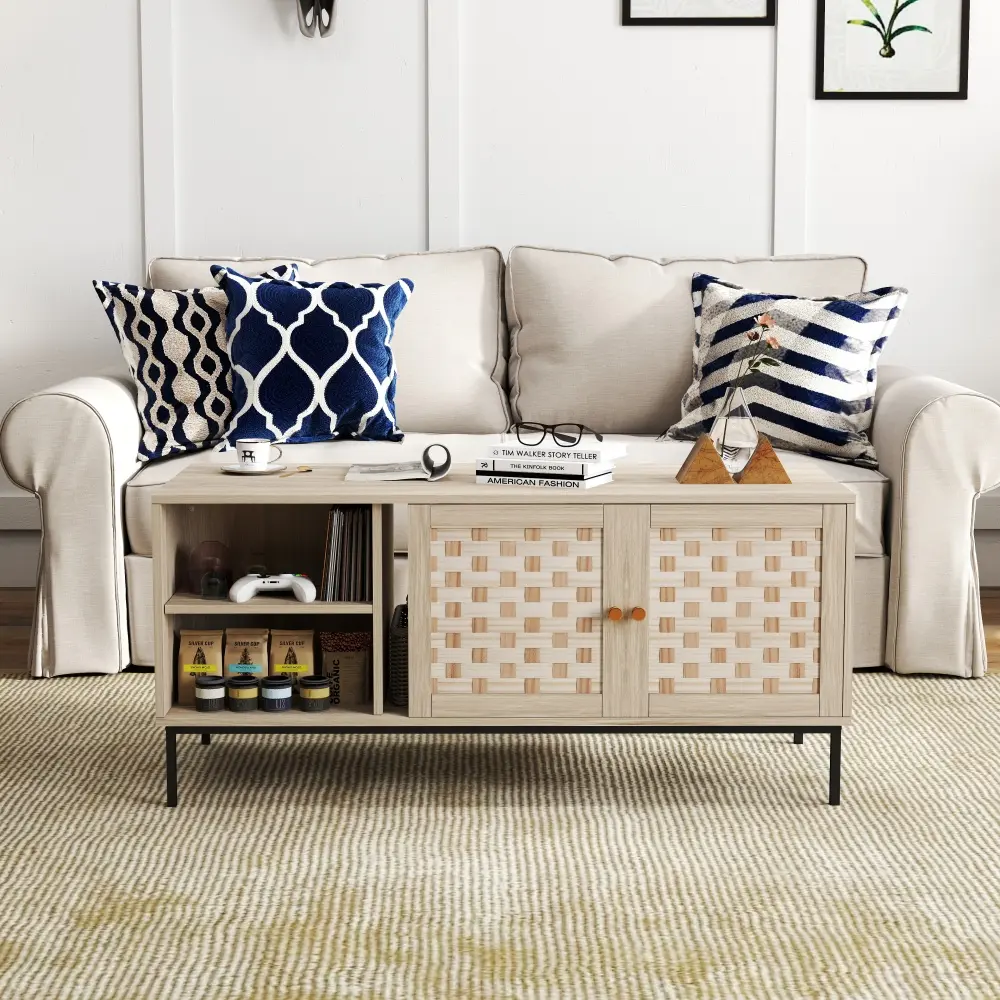 Woven Design Coffee Table with 4 Sliding Doors and Symmetrical Design Storage Coffee Tables