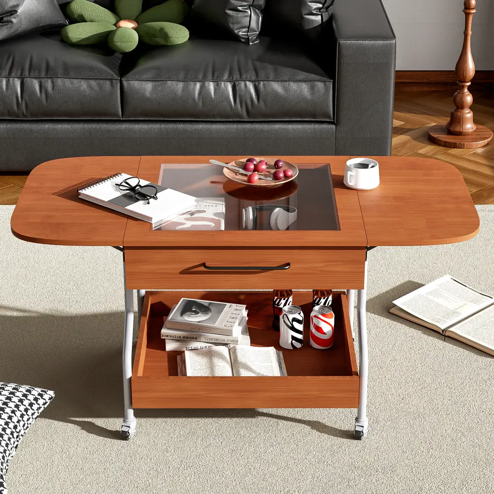 Modern Extended Coffee Table on Wheels, Folding Coffee Table with 1 Drawer and 2 Layers Storage for Living Room