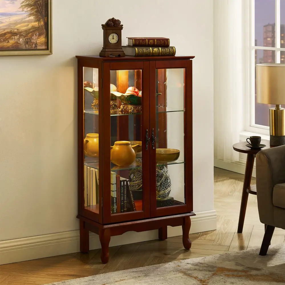 Lighted Antique Display Cabinet with Adjustable Shelves and Mirrored Back, Tempered Glass Doors (Cherry, 3-Layer)