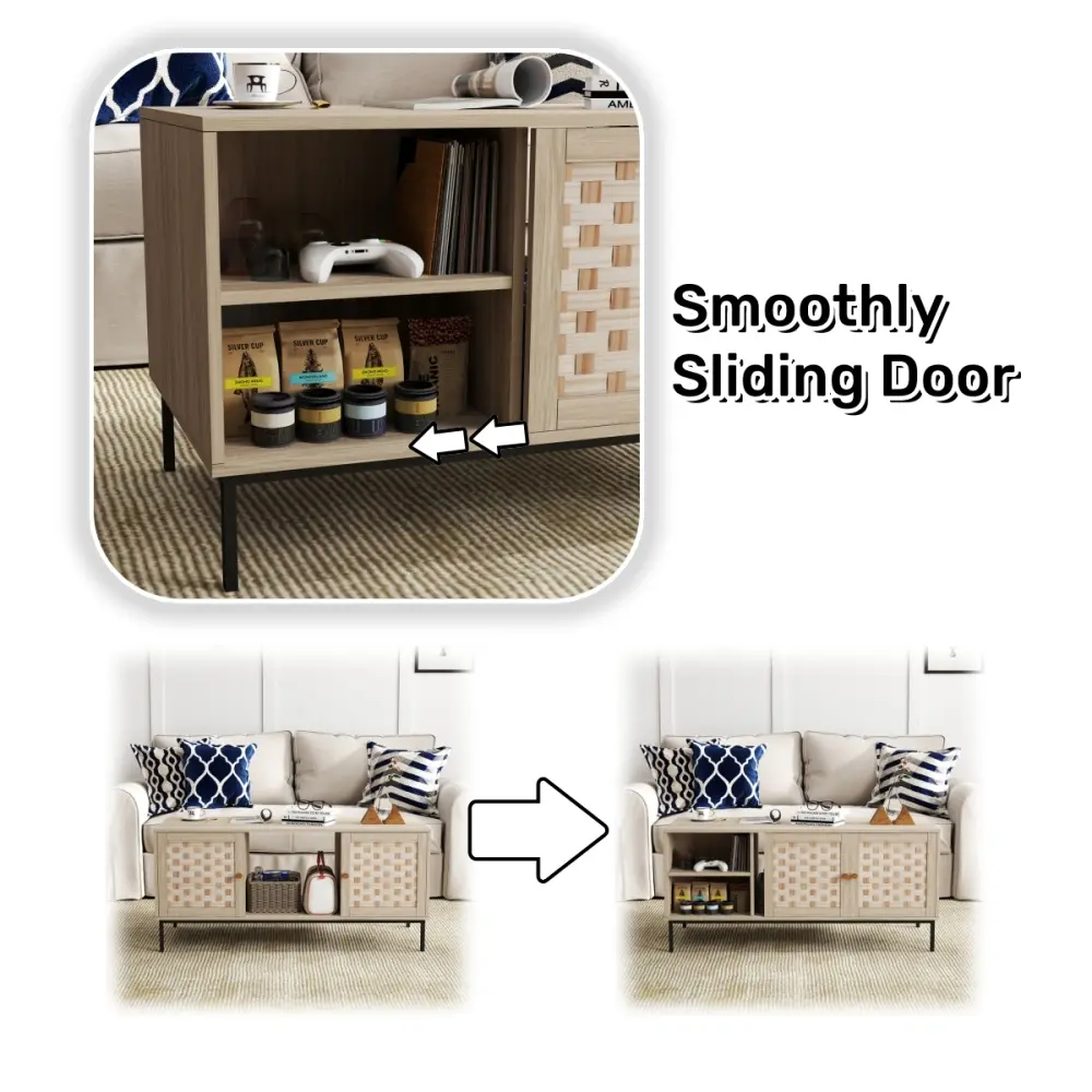 Woven Design Coffee Table with 4 Sliding Doors and Symmetrical Design Storage Coffee Tables