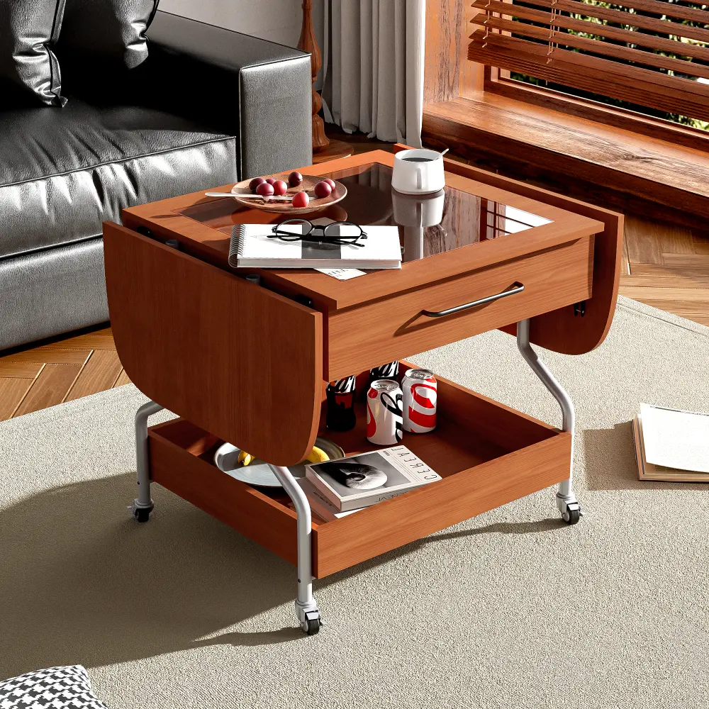 Modern Extended Coffee Table on Wheels, Folding Coffee Table with 1 Drawer and 2 Layers Storage for Living Room