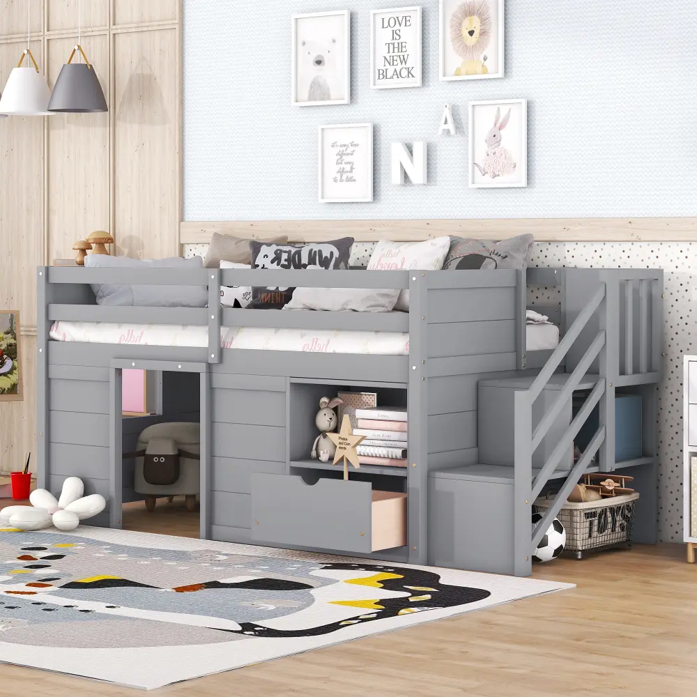 Single Bed, Solid Wood Double Low Loft Bed with Stairs, Drawers and Shelves in Grey Bed Frame  Bedroom Furniture