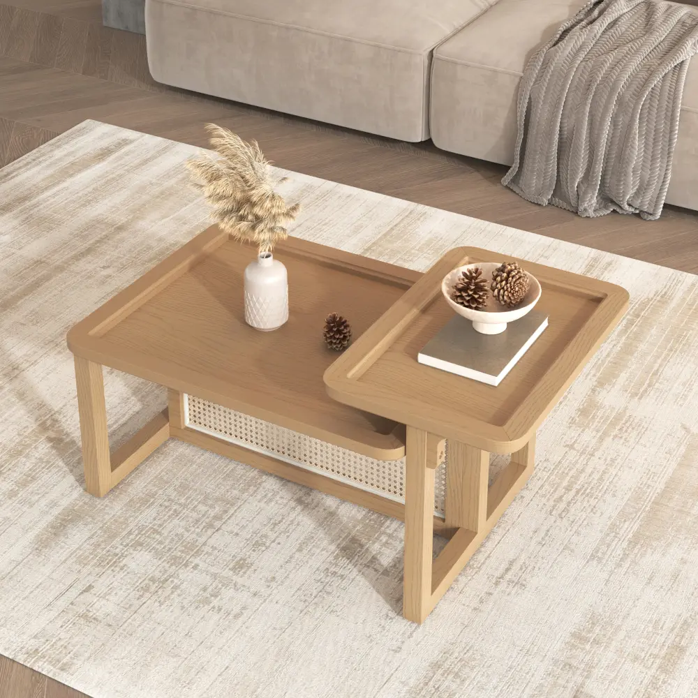 Modern 2 Piece Nesting Rattan Wood+ MDF Coffee Table Set in Natural Coffee Table