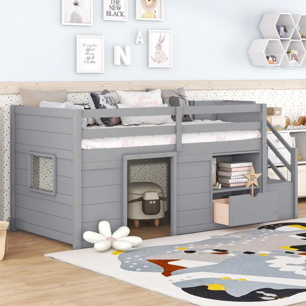 Single Bed, Solid Wood Double Low Loft Bed with Stairs, Drawers and Shelves in Grey Bed Frame  Bedroom Furniture