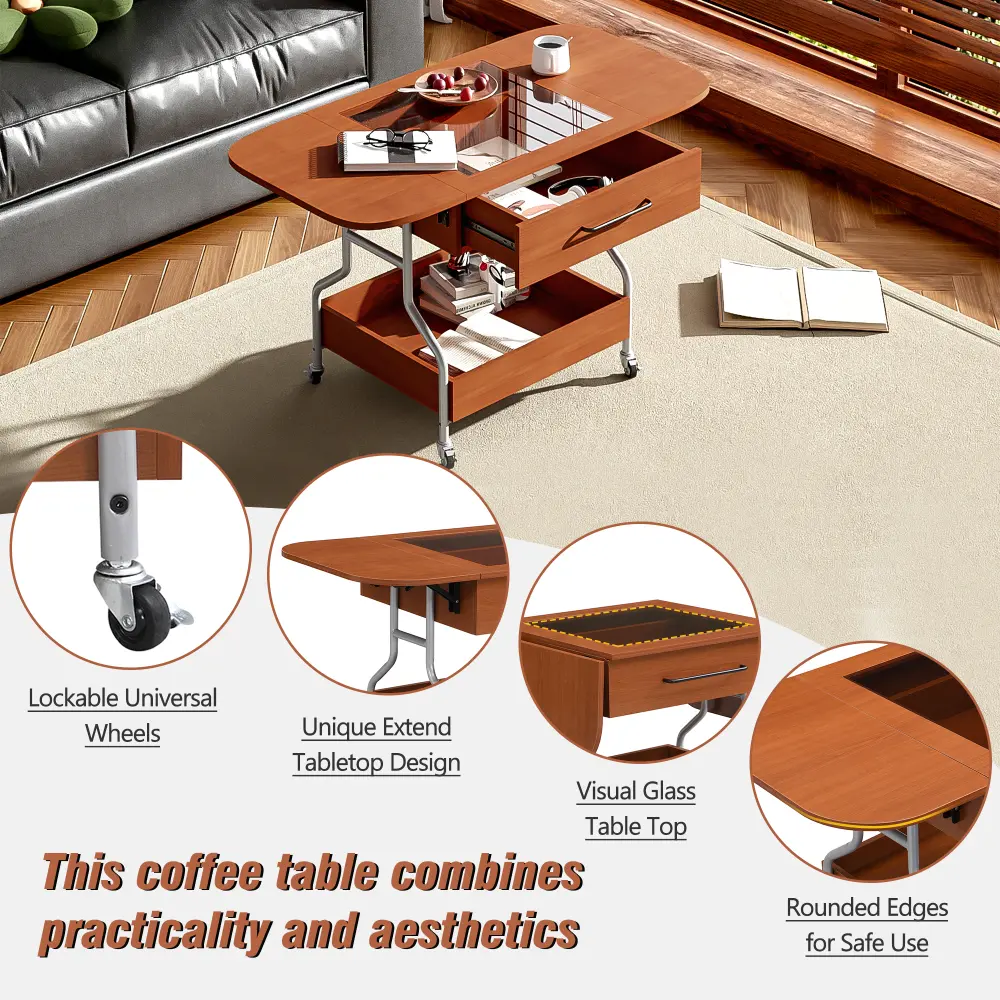 Modern Extended Coffee Table on Wheels, Folding Coffee Table with 1 Drawer and 2 Layers Storage for Living Room