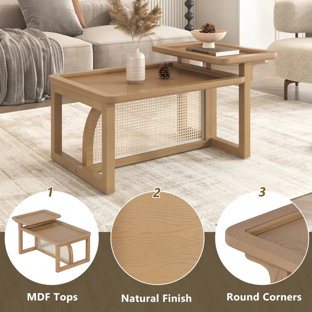 Modern 2 Piece Nesting Rattan Wood+ MDF Coffee Table Set in Natural Coffee Table