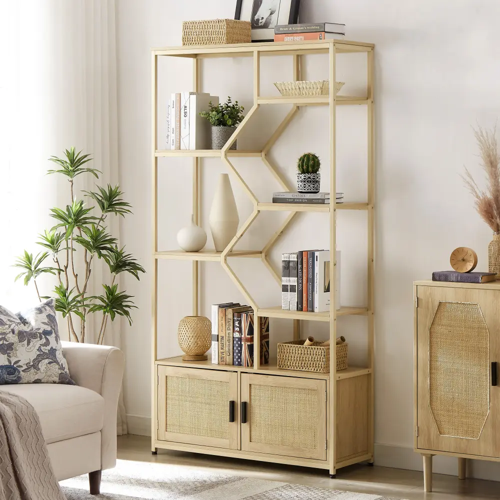Rattan Bookshelf, 7 Layer Bookcase Storage Rack with Cabinet for Living Room Home Office Bookshelf