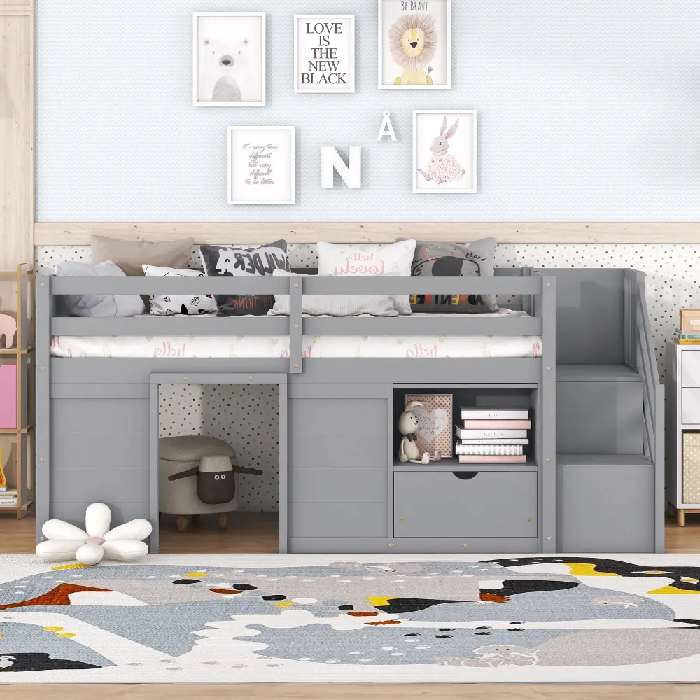 Single Bed, Solid Wood Double Low Loft Bed with Stairs, Drawers and Shelves in Grey Bed Frame  Bedroom Furniture