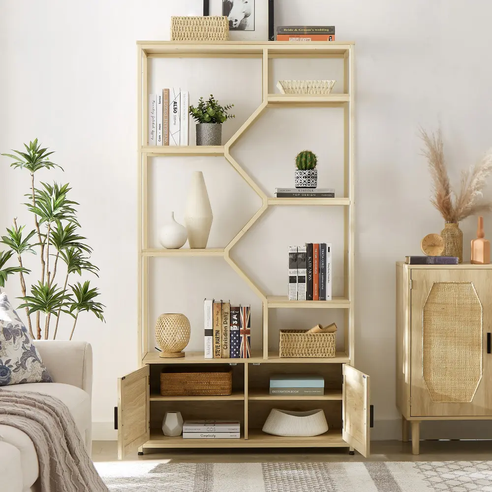 Rattan Bookshelf, 7 Layer Bookcase Storage Rack with Cabinet for Living Room Home Office Bookshelf
