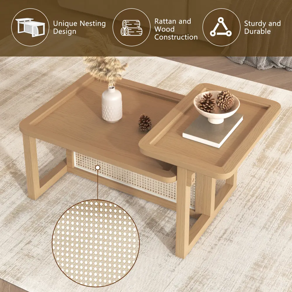 Modern 2 Piece Nesting Rattan Wood+ MDF Coffee Table Set in Natural Coffee Table
