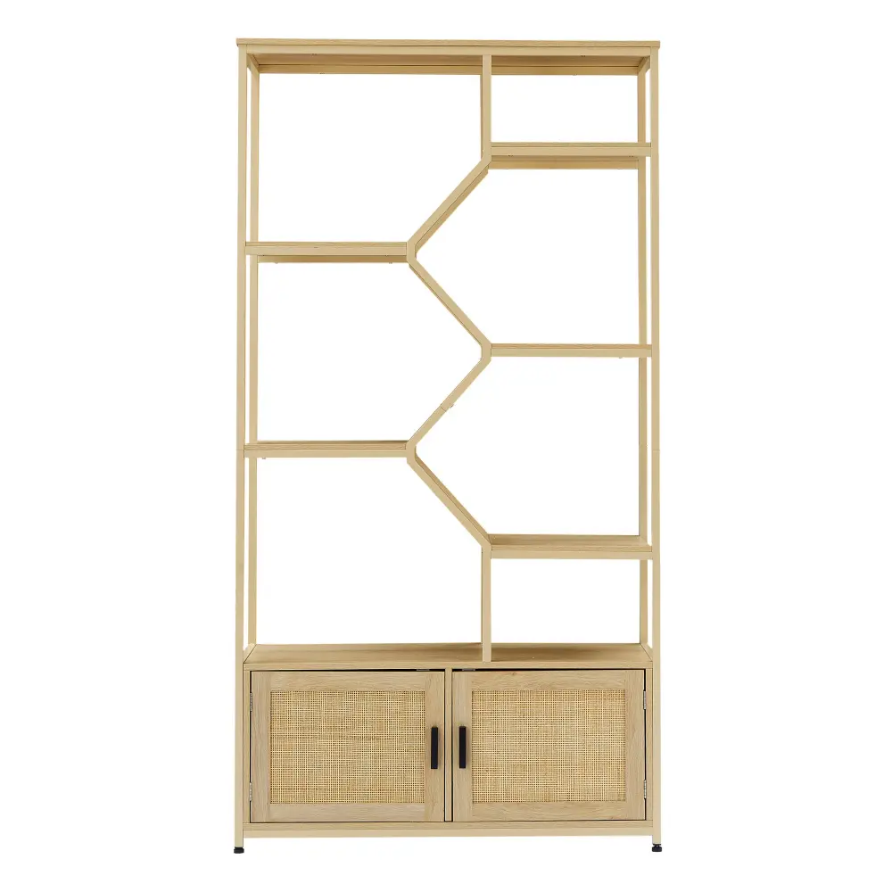 Rattan Bookshelf, 7 Layer Bookcase Storage Rack with Cabinet for Living Room Home Office Bookshelf