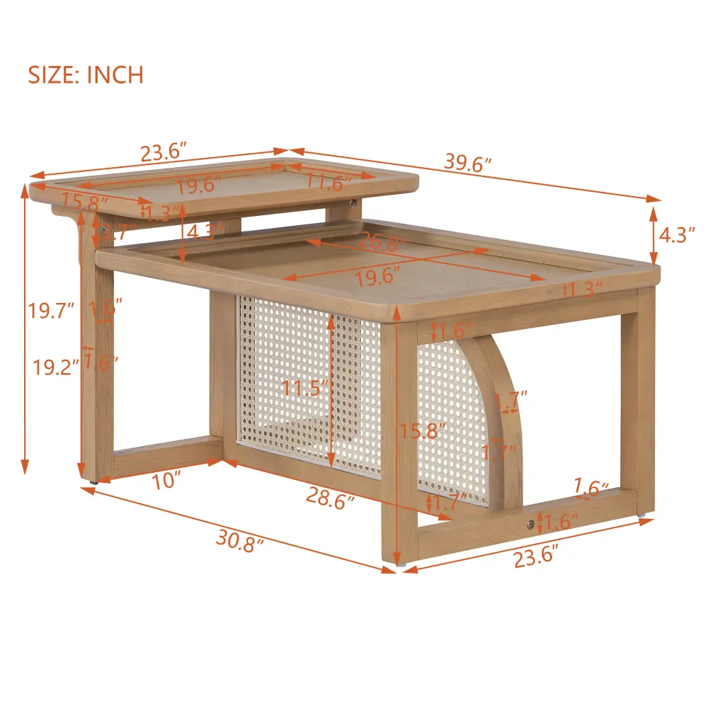 Modern 2 Piece Nesting Rattan Wood+ MDF Coffee Table Set in Natural Coffee Table