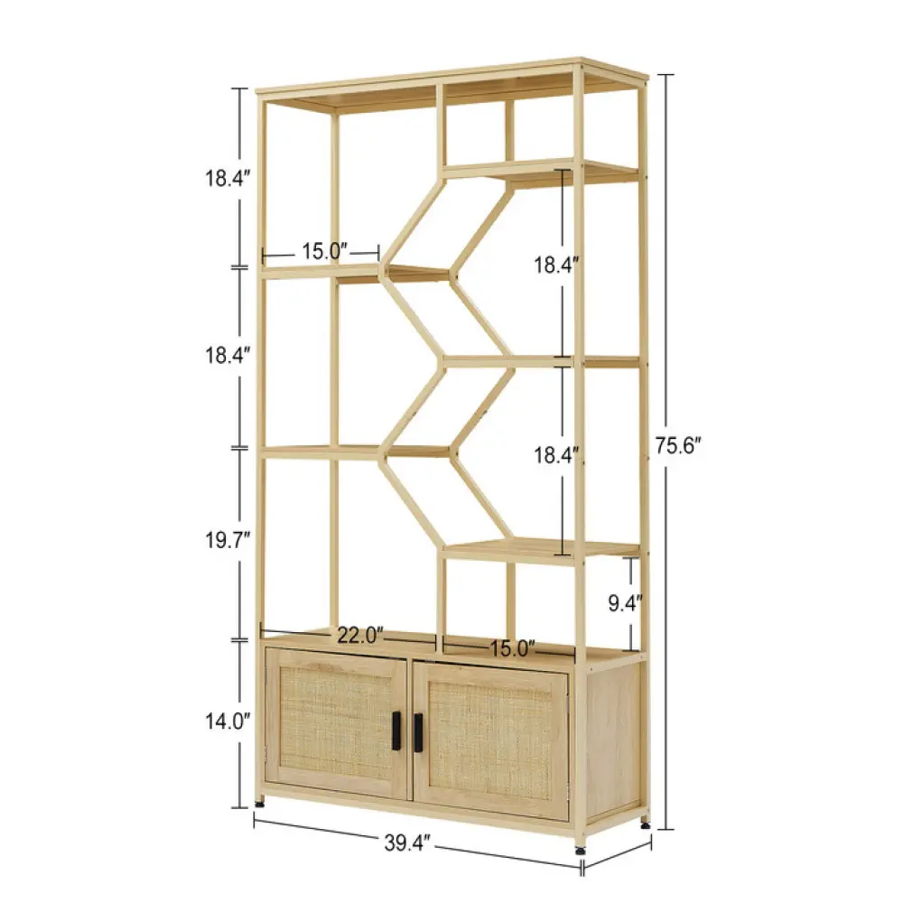 Rattan Bookshelf, 7 Layer Bookcase Storage Rack with Cabinet for Living Room Home Office Bookshelf