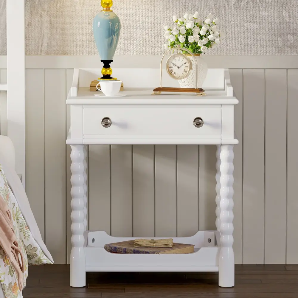 Nightstand with Drawer and Open Shelf for Bedroom, Bedside Table with Turned Legs and Metal Handle Nightstands  Small Cabinet