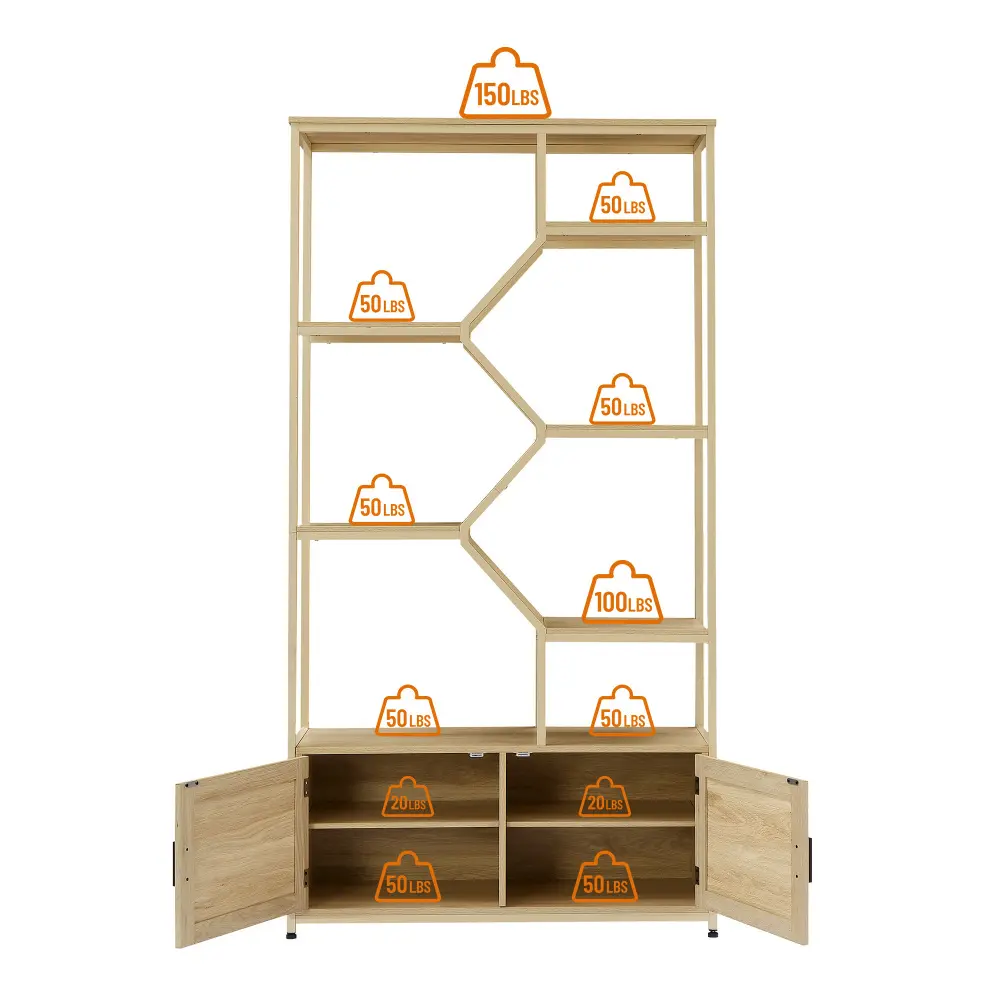 Rattan Bookshelf, 7 Layer Bookcase Storage Rack with Cabinet for Living Room Home Office Bookshelf