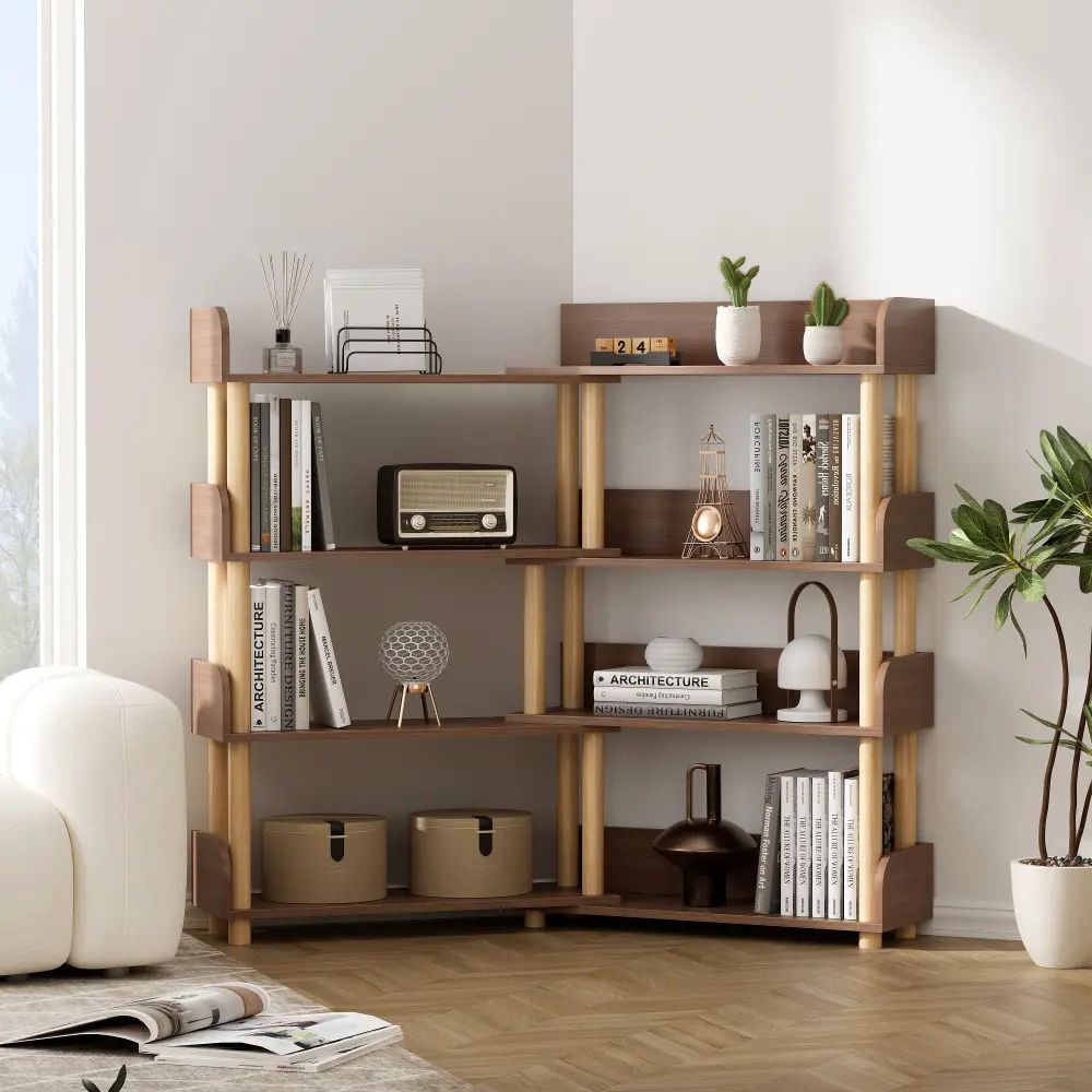 4-layer Retractable and Rotatable Bookcase, Wooden Corner Bookcase, Practical Storage Rack for Living Room, Home Office, Bedroom