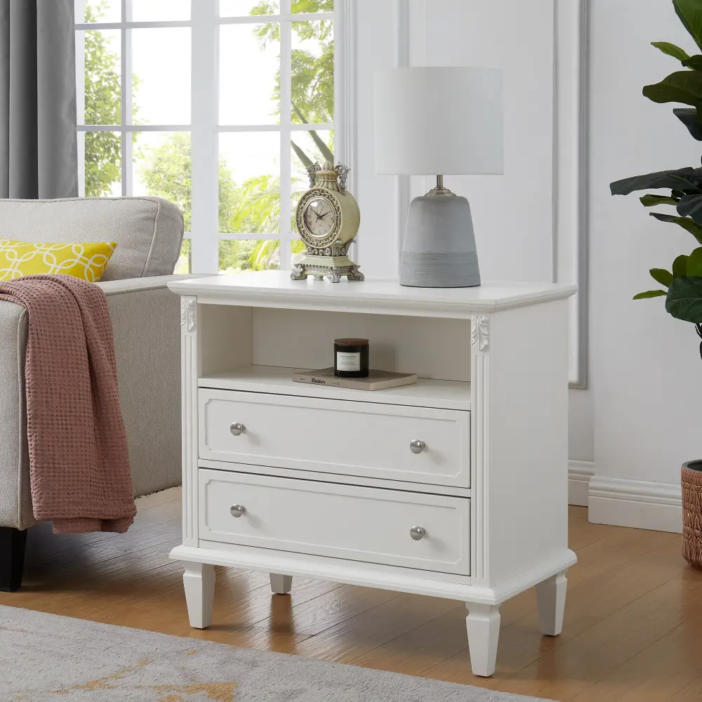 Open Space and 2 Drawer Dresser Nightstand with Charging Station, Solid Wood Legs for Bedroom Night Stand