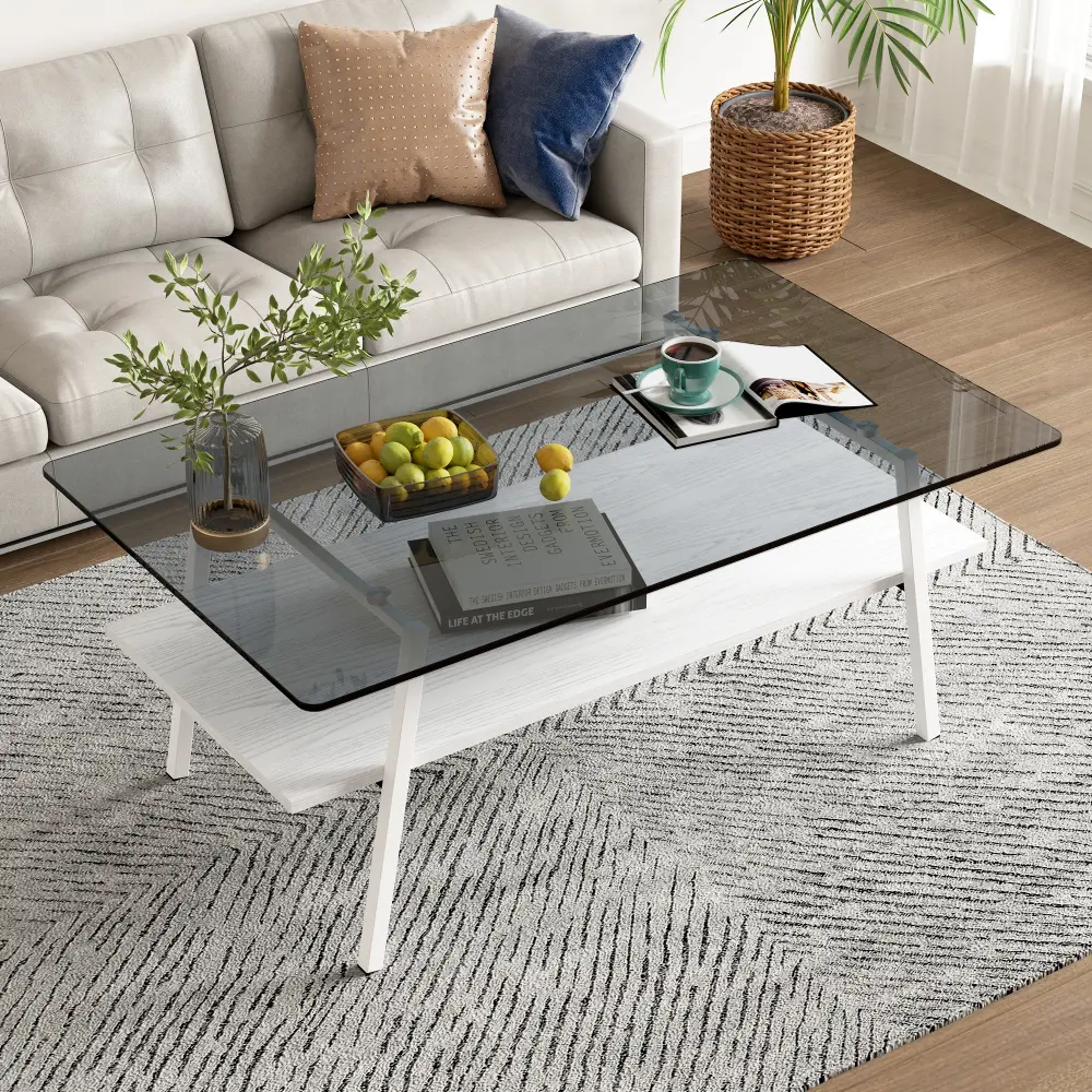 Coffee Table, Tempered Glass Tabletop with Metal Legs, Modern Table for Living Room , Gray Glass  Glass Coffee Table