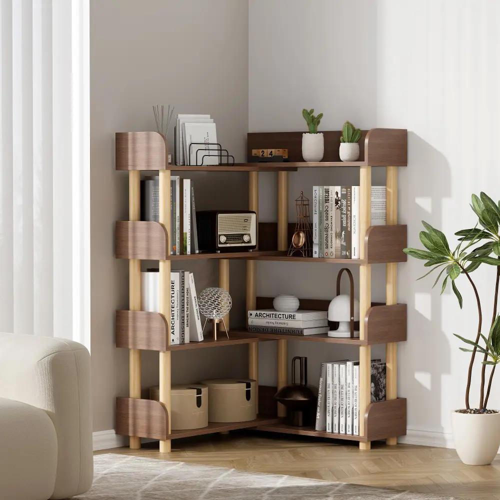 4-layer Retractable and Rotatable Bookcase, Wooden Corner Bookcase, Practical Storage Rack for Living Room, Home Office, Bedroom