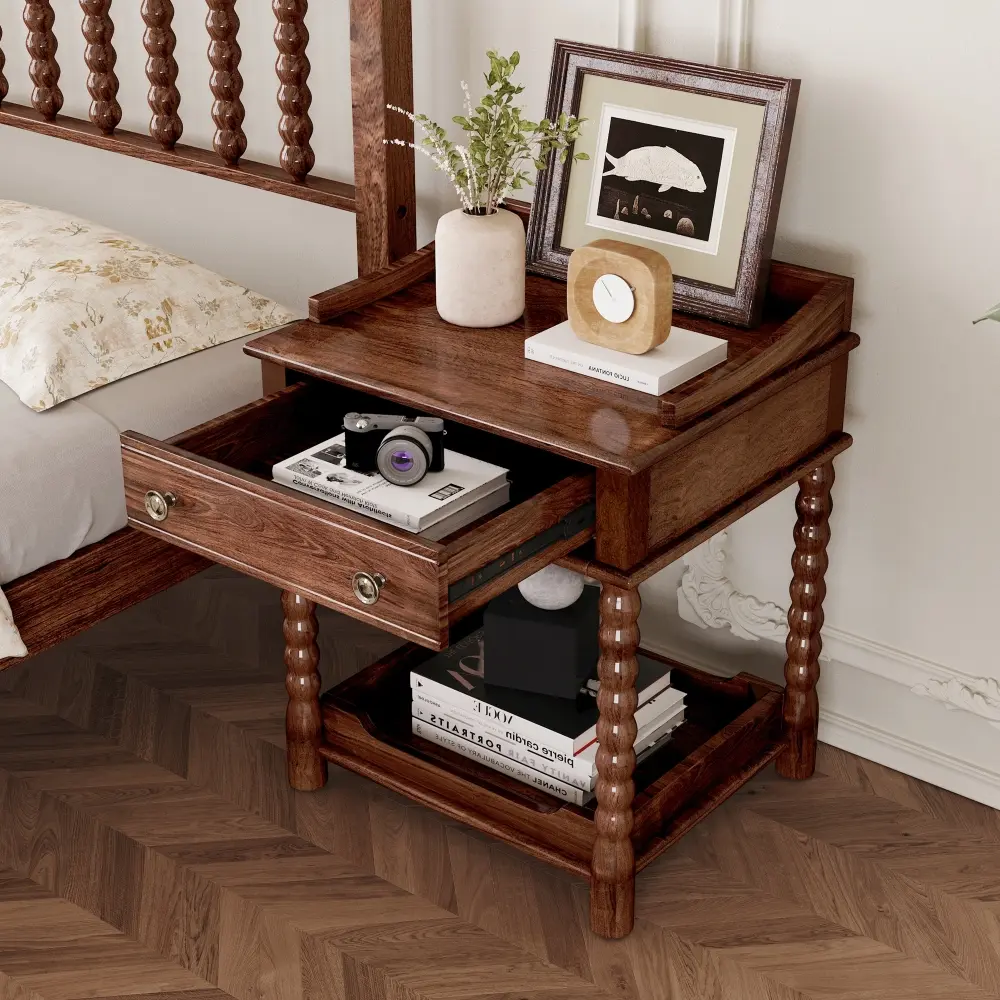 Nightstand with Drawer and Open Shelf for Bedroom, Bedside Table with Turned Legs and Metal Handle Nightstands  Small Cabinet
