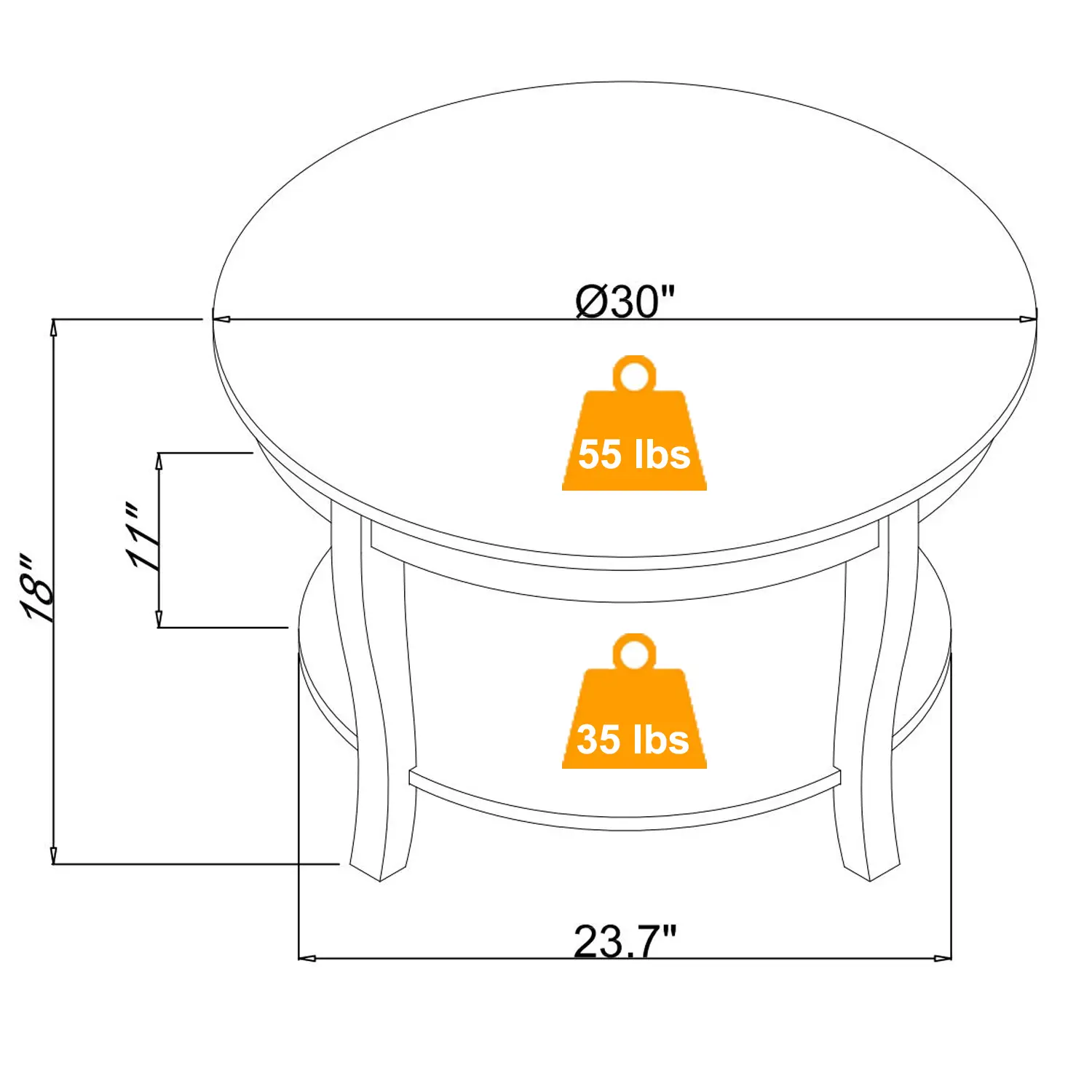 Traditional Round Coffee Table with Open Storage Shelves, 2Tier Storage Wooden Centerpiece Round Accent Table, 30 X 30 X 18 Inch