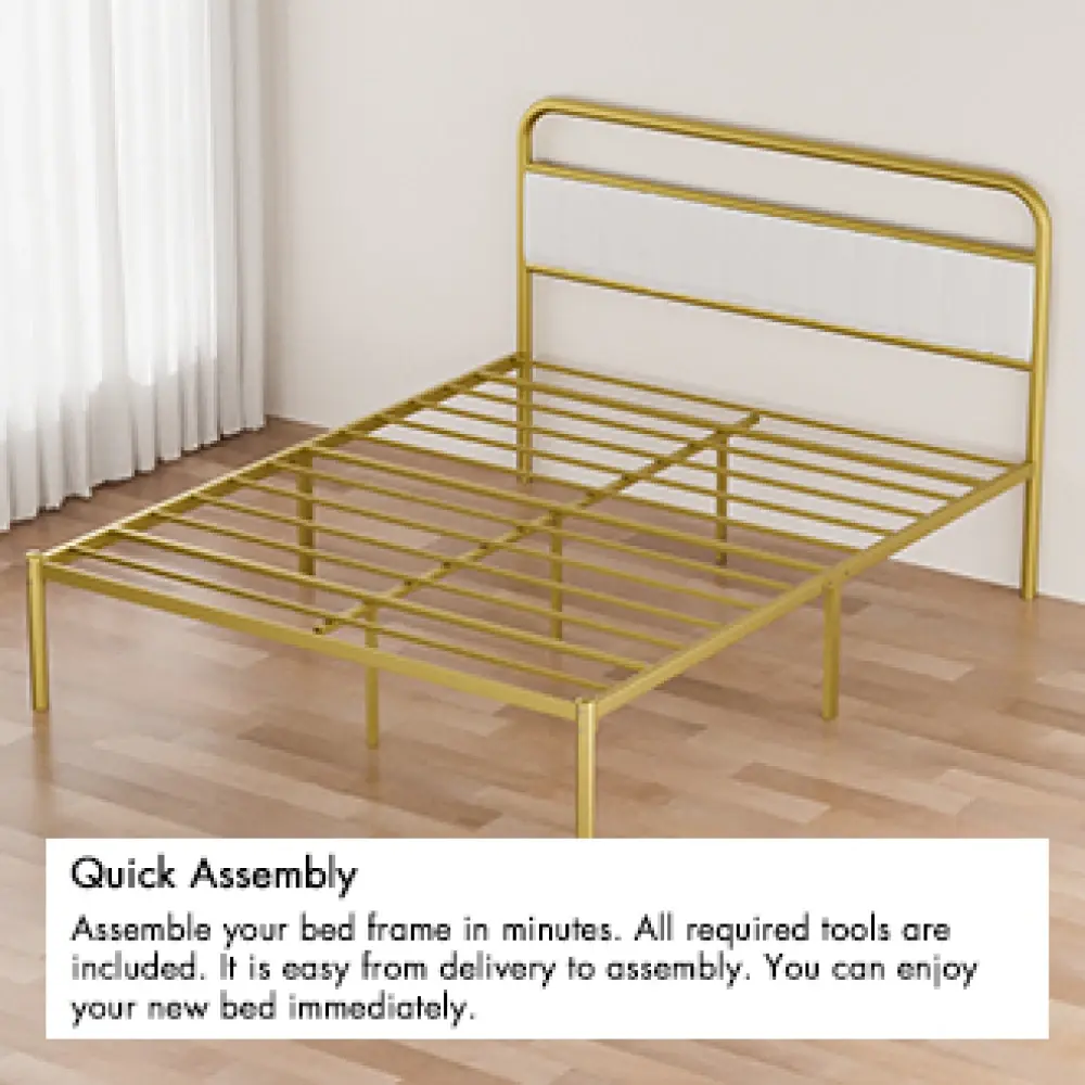 Metal Steel Platform Bed Frame with Upholstered Headboard Cushion (Queen Size) - Gold Bed Frame