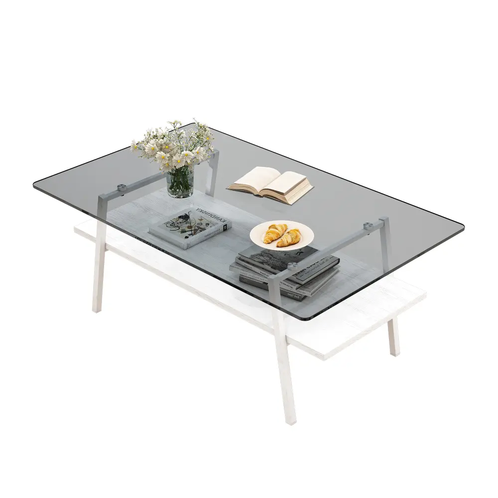 Coffee Table, Tempered Glass Tabletop with Metal Legs, Modern Table for Living Room , Gray Glass  Glass Coffee Table