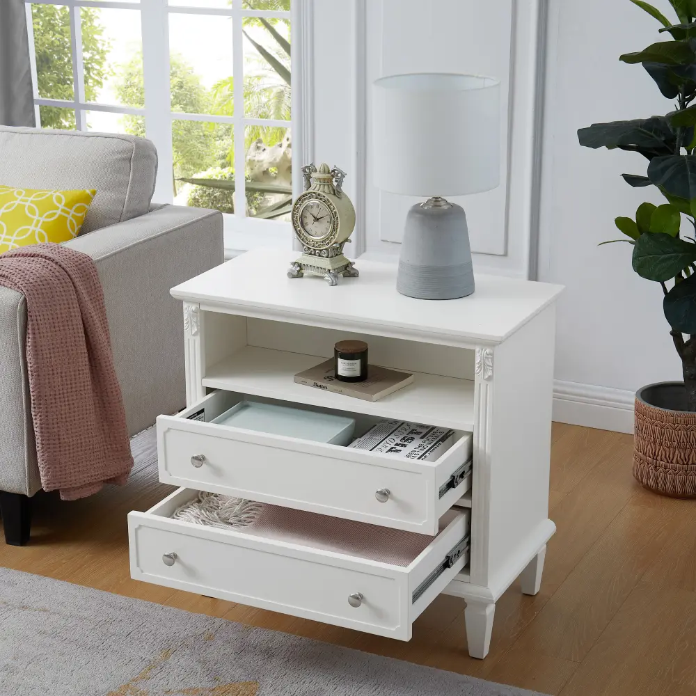 Open Space and 2 Drawer Dresser Nightstand with Charging Station, Solid Wood Legs for Bedroom Night Stand