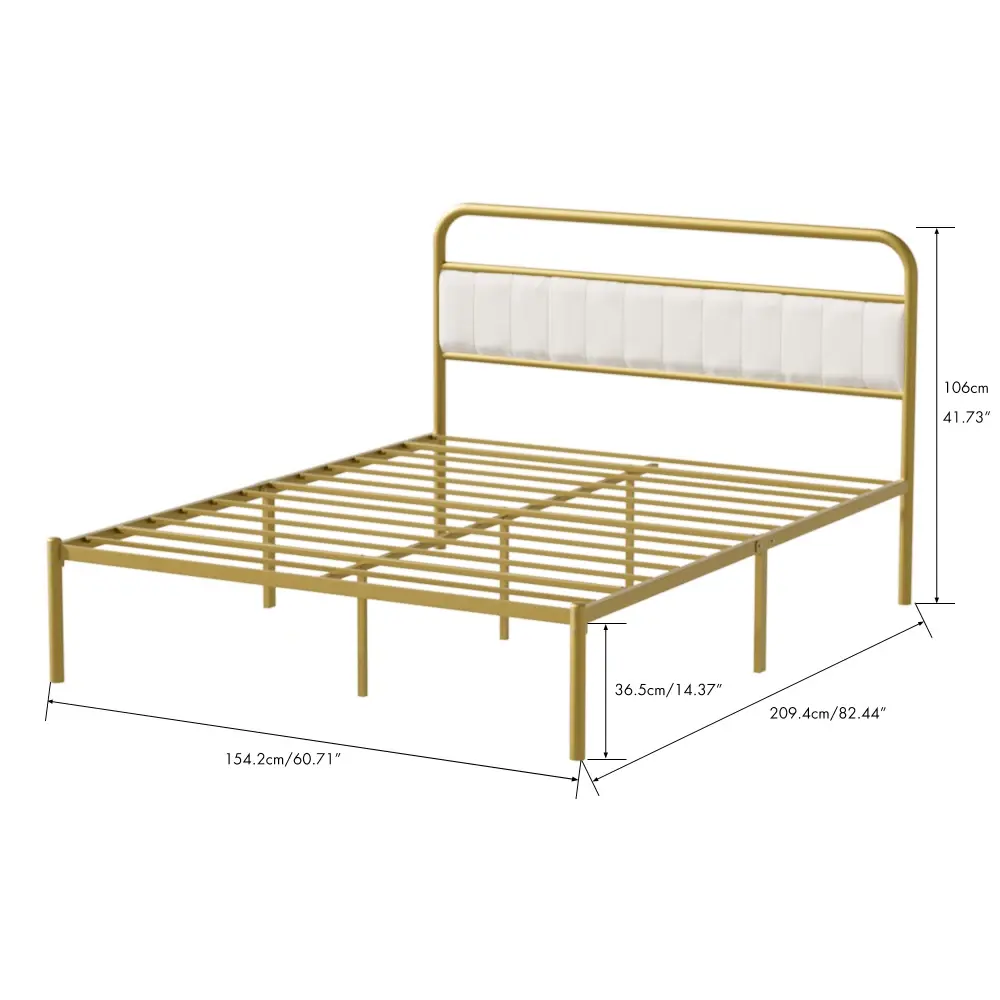 Metal Steel Platform Bed Frame with Upholstered Headboard Cushion (Queen Size) - Gold Bed Frame