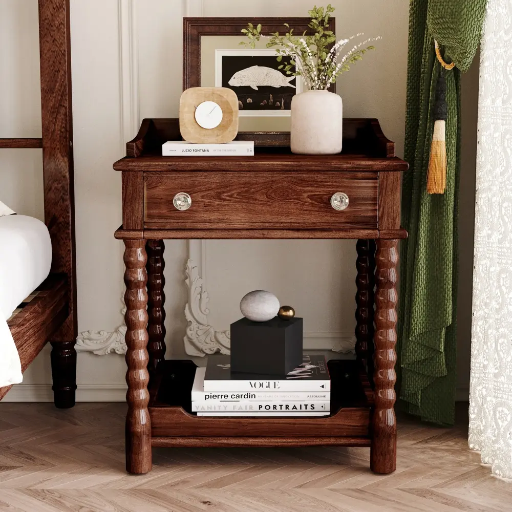 Nightstand with Drawer and Open Shelf for Bedroom, Bedside Table with Turned Legs and Metal Handle Nightstands  Small Cabinet