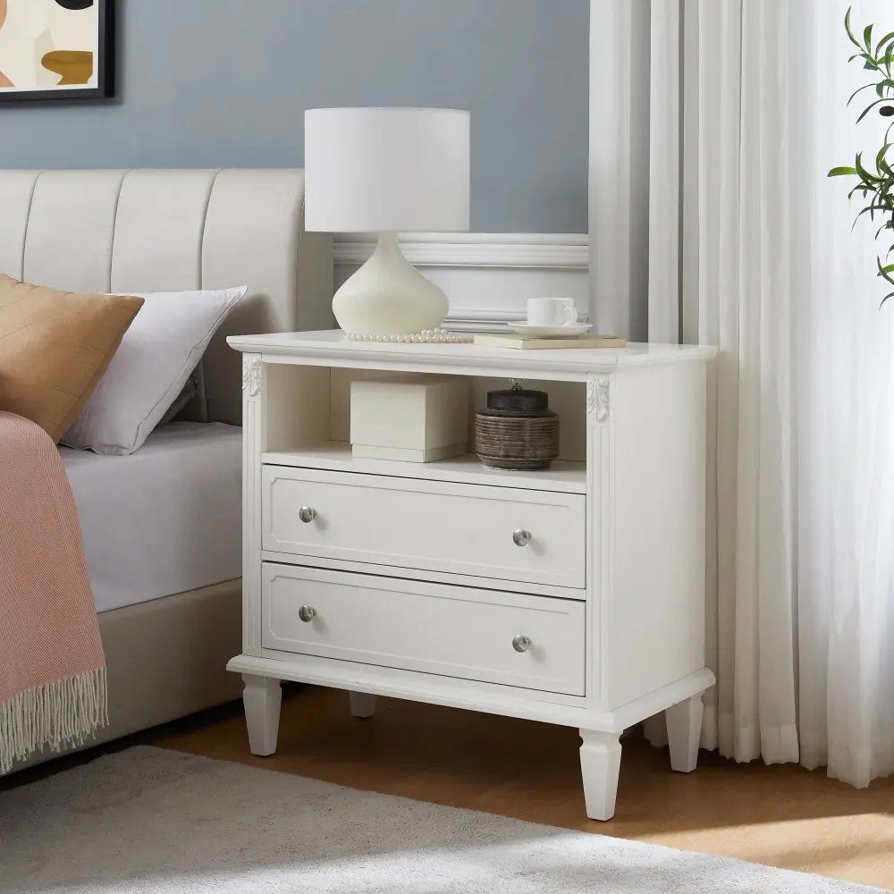 Open Space and 2 Drawer Dresser Nightstand with Charging Station, Solid Wood Legs for Bedroom Night Stand