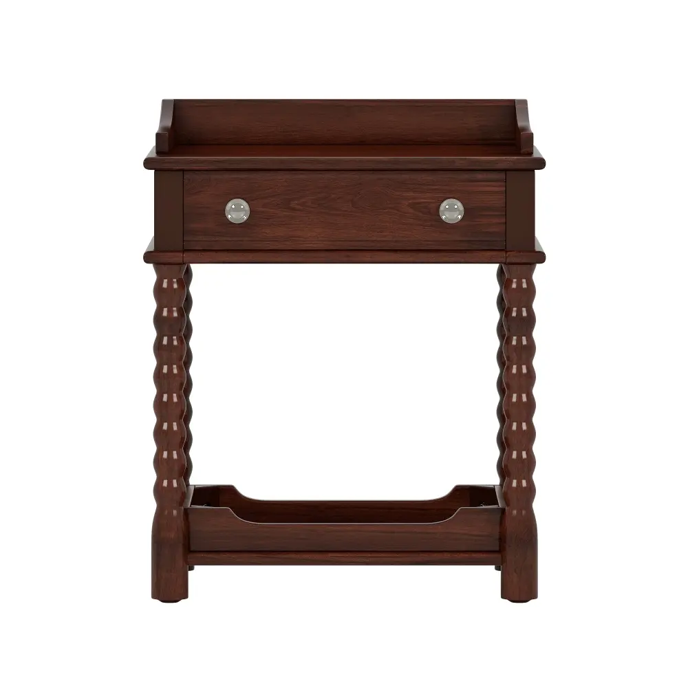 Nightstand with Drawer and Open Shelf for Bedroom, Bedside Table with Turned Legs and Metal Handle Nightstands  Small Cabinet