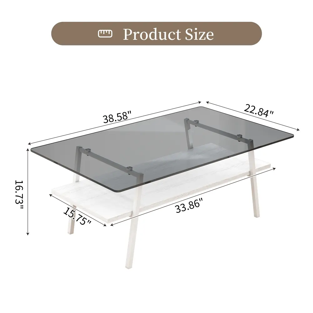Coffee Table, Tempered Glass Tabletop with Metal Legs, Modern Table for Living Room , Gray Glass  Glass Coffee Table