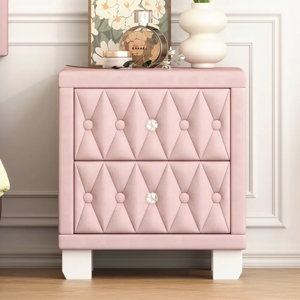 Elegant Velvet Nightstand with 2 Drawers and Crystal Handle, Storage Bedside Table with Button-Tufted, Pink Nightstand