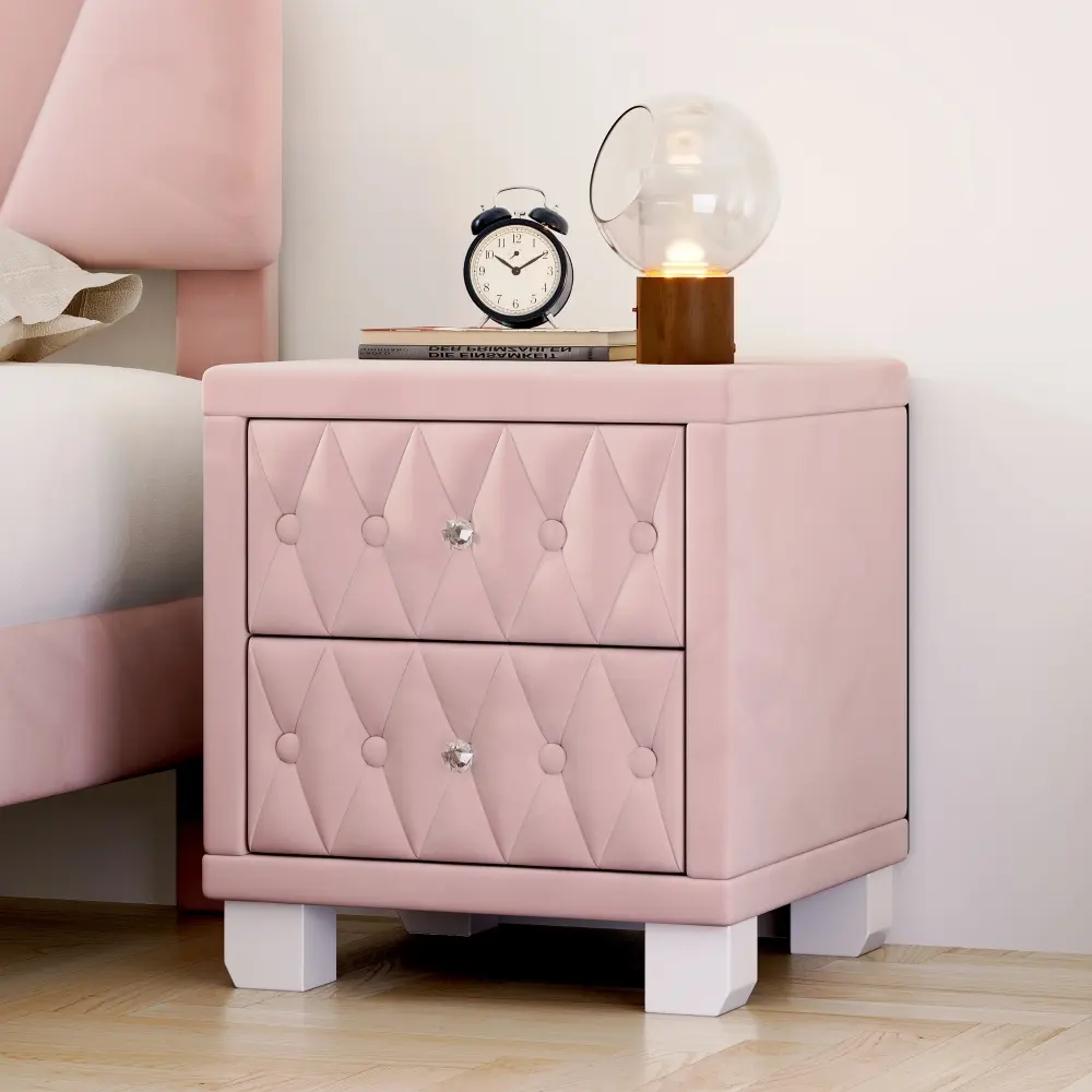Elegant Velvet Nightstand with 2 Drawers and Crystal Handle, Storage Bedside Table with Button-Tufted, Pink Nightstand