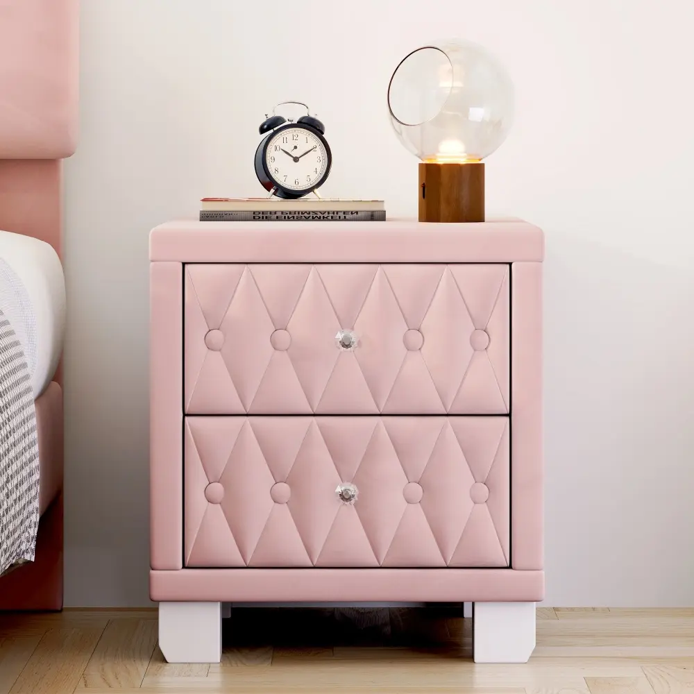 Elegant Velvet Nightstand with 2 Drawers and Crystal Handle, Storage Bedside Table with Button-Tufted, Pink Nightstand