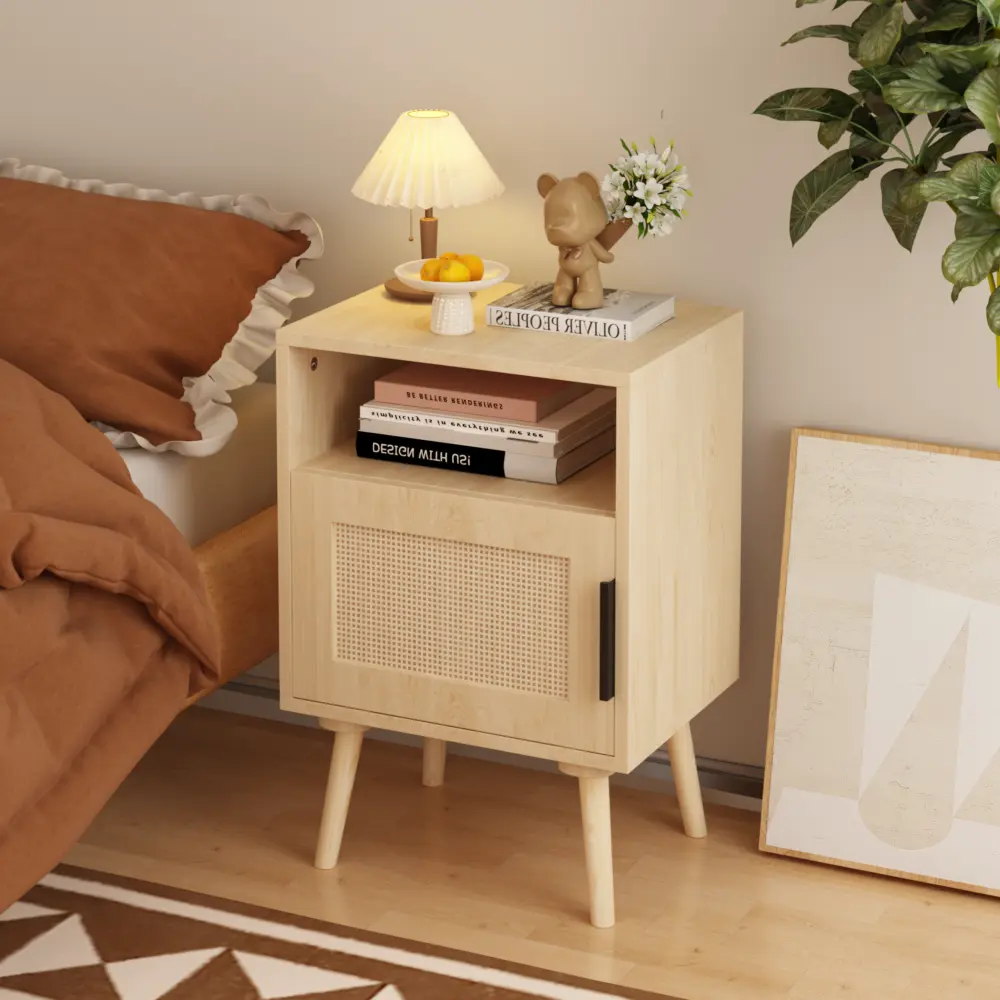 22.83 Inches High Rattan Nightstand, Side Table with Door Open Shelf, Bedside Side Table with Solid Wood Legs Nightstand