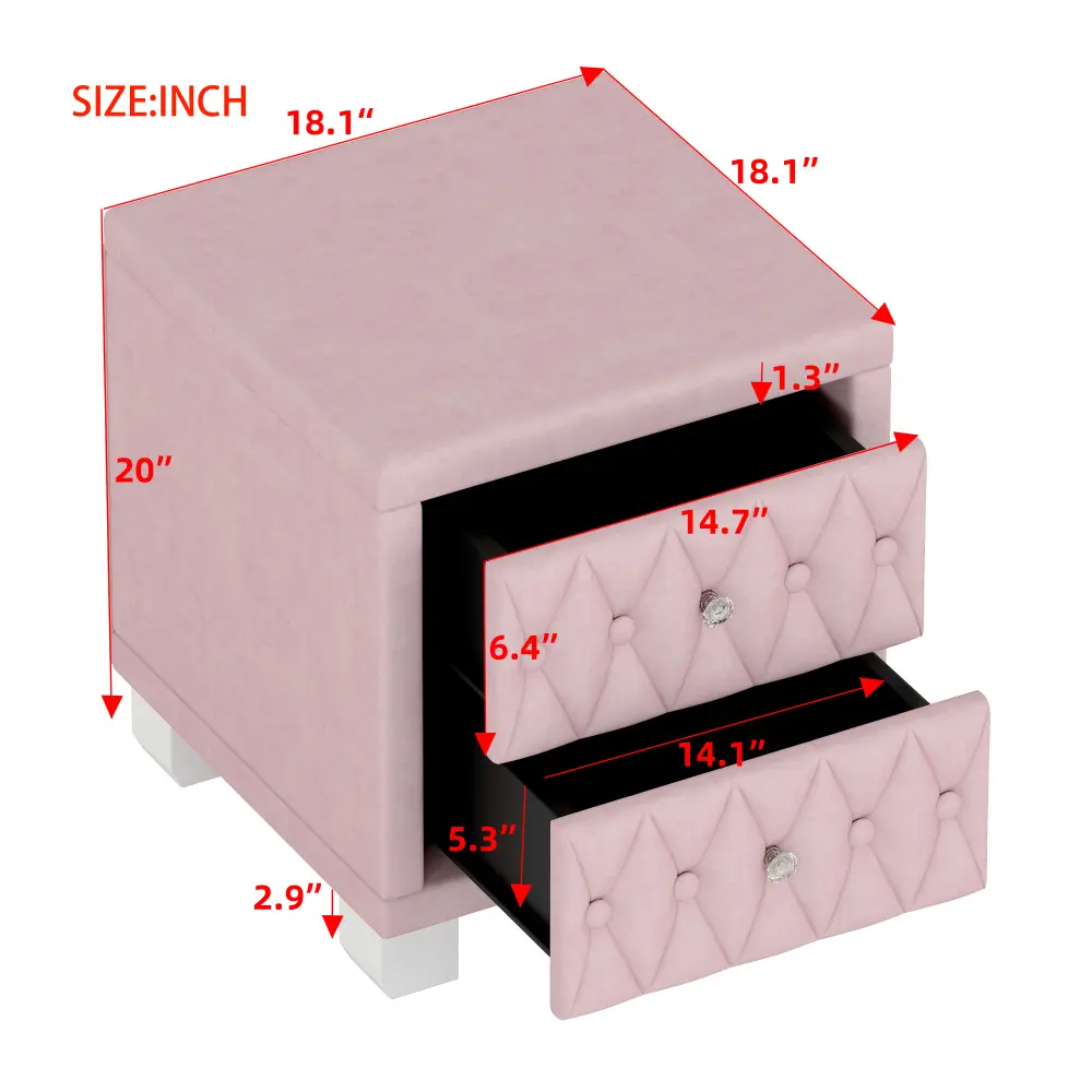 Elegant Velvet Nightstand with 2 Drawers and Crystal Handle, Storage Bedside Table with Button-Tufted, Pink Nightstand