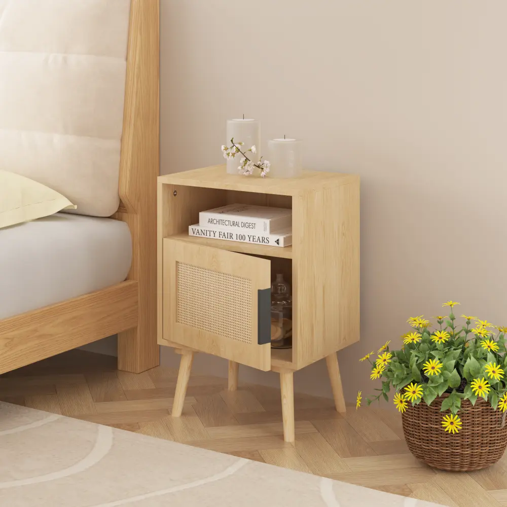 22.83 Inches High Rattan Nightstand, Side Table with Door Open Shelf, Bedside Side Table with Solid Wood Legs Nightstand