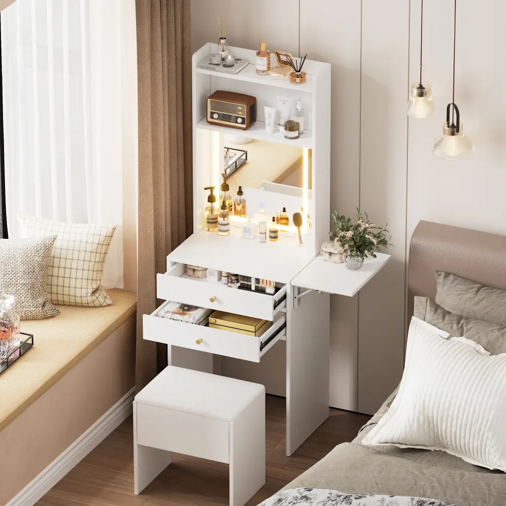 Dressing Table Set with 3 Adjustable Lighted Mirrors and Storage Chair, Dressing Table with Folding Panels Dressers