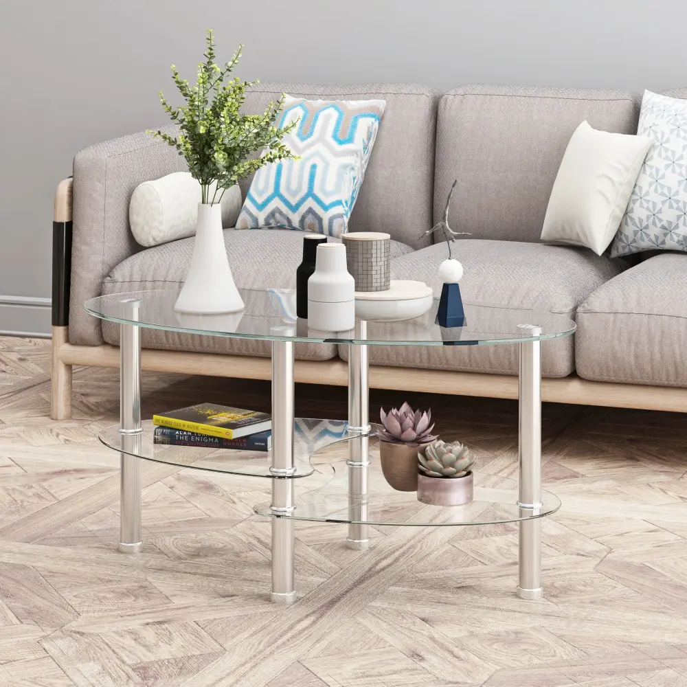 Clear Oval Glass Coffee Table, Modern Table with Stainless Steel Legs, End Table, Triple Tier Glass Table for Living Room