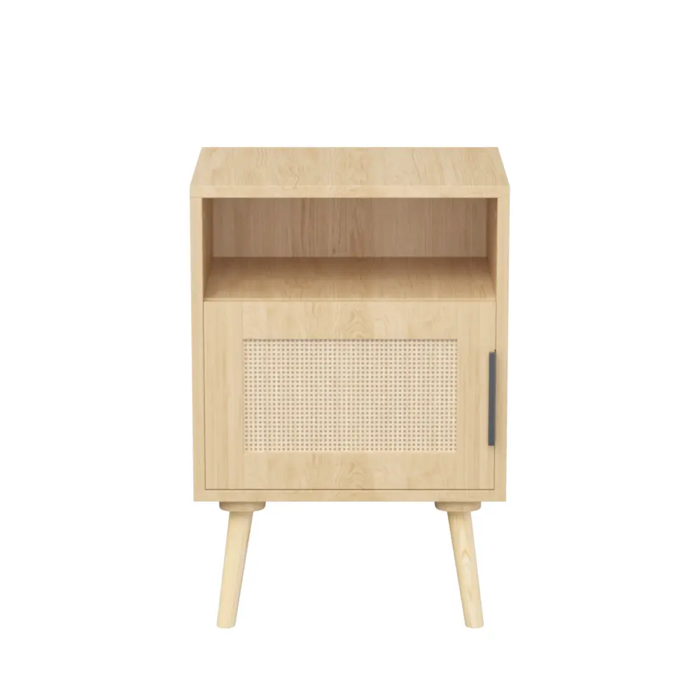 22.83 Inches High Rattan Nightstand, Side Table with Door Open Shelf, Bedside Side Table with Solid Wood Legs Nightstand