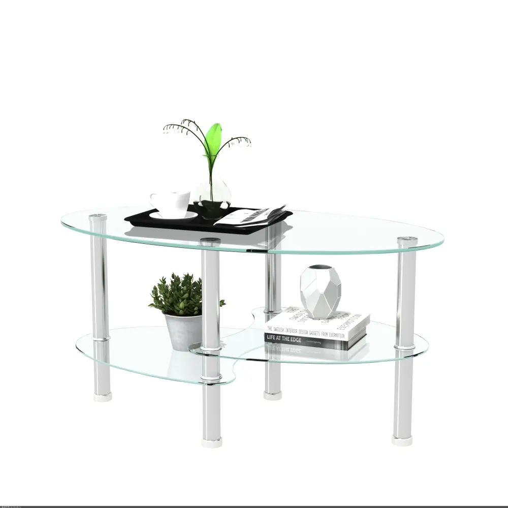 Clear Oval Glass Coffee Table, Modern Table with Stainless Steel Legs, End Table, Triple Tier Glass Table for Living Room