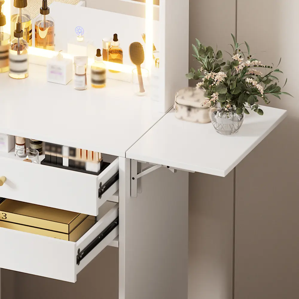 Dressing Table Set with 3 Adjustable Lighted Mirrors and Storage Chair, Dressing Table with Folding Panels Dressers