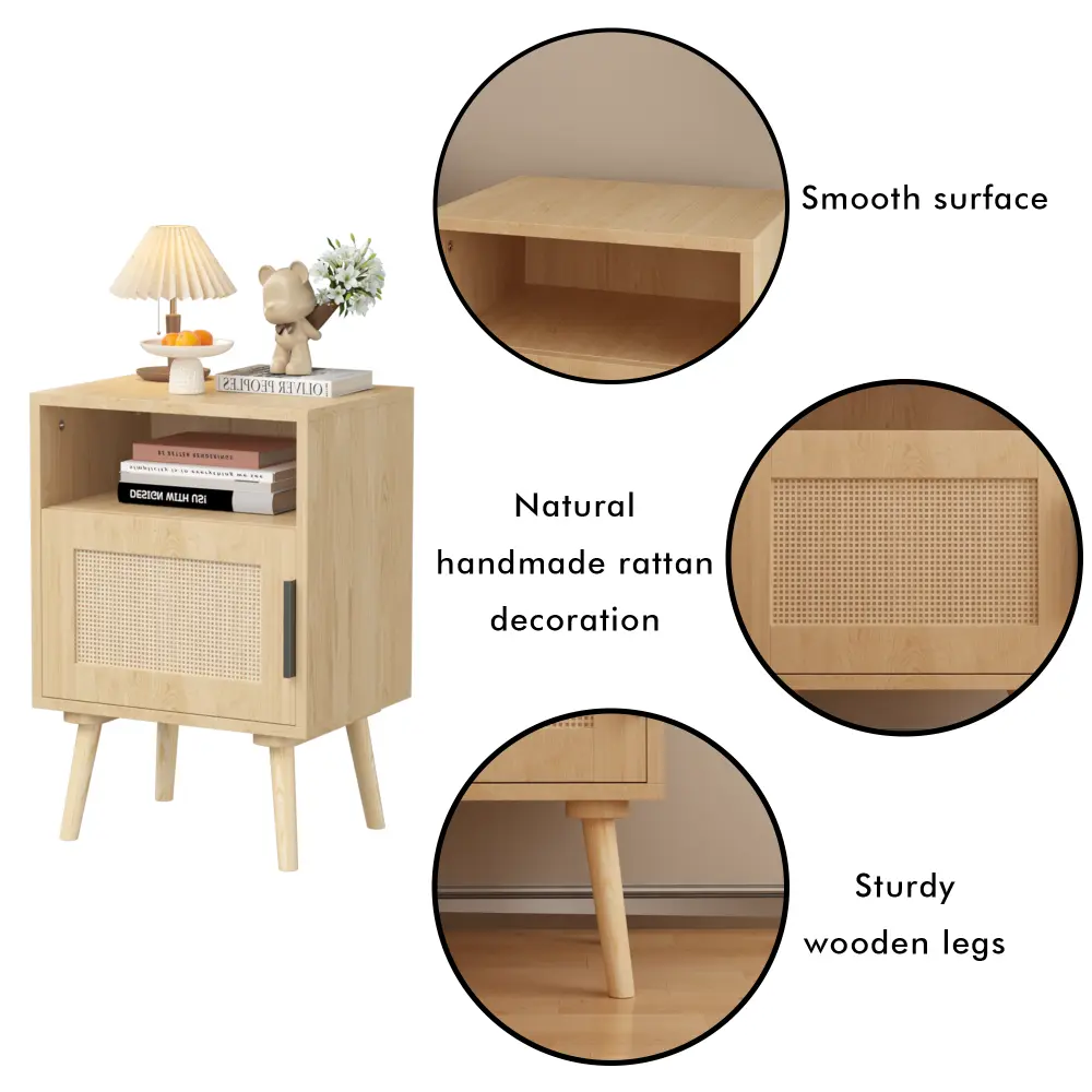 22.83 Inches High Rattan Nightstand, Side Table with Door Open Shelf, Bedside Side Table with Solid Wood Legs Nightstand