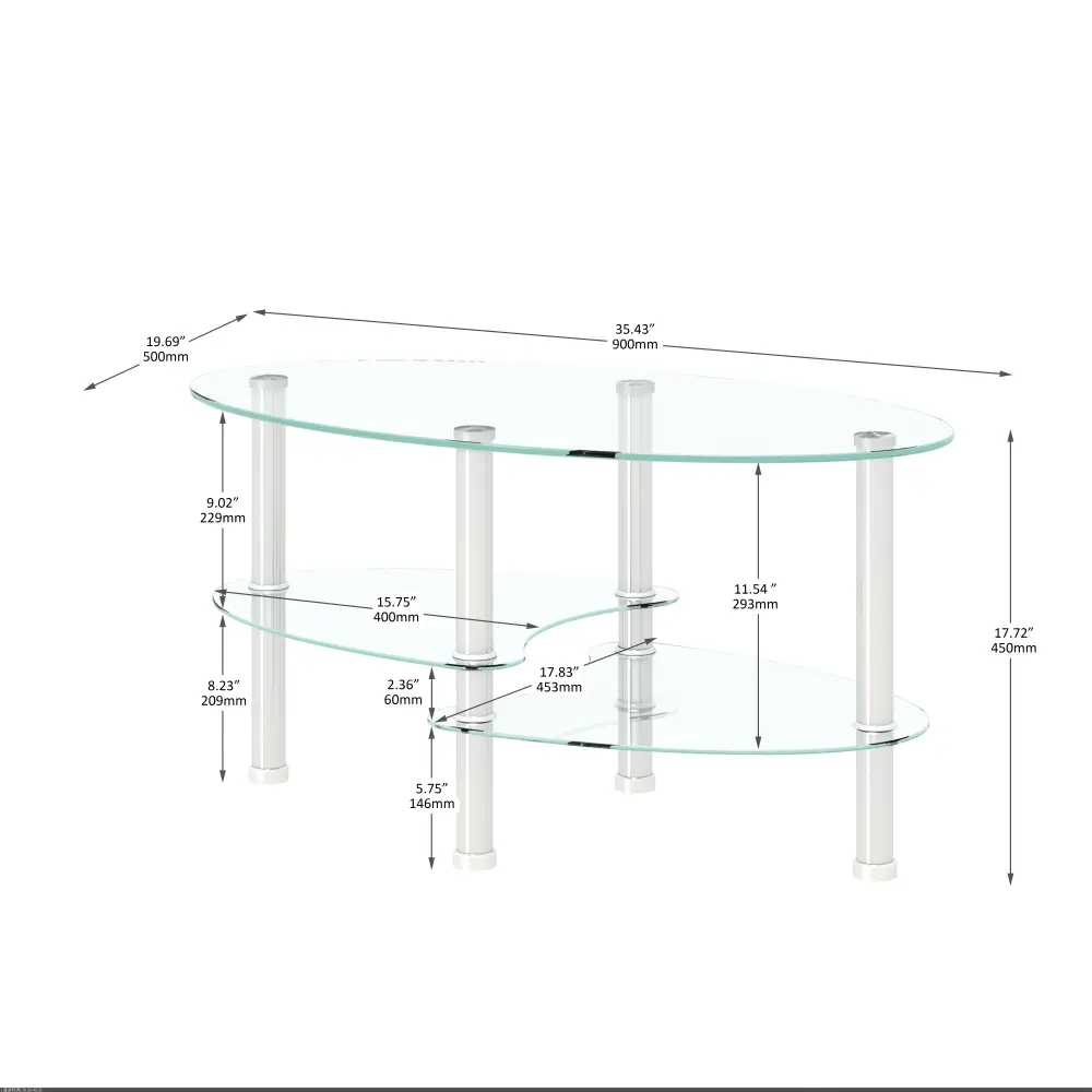 Clear Oval Glass Coffee Table, Modern Table with Stainless Steel Legs, End Table, Triple Tier Glass Table for Living Room