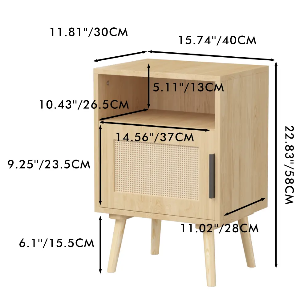 22.83 Inches High Rattan Nightstand, Side Table with Door Open Shelf, Bedside Side Table with Solid Wood Legs Nightstand
