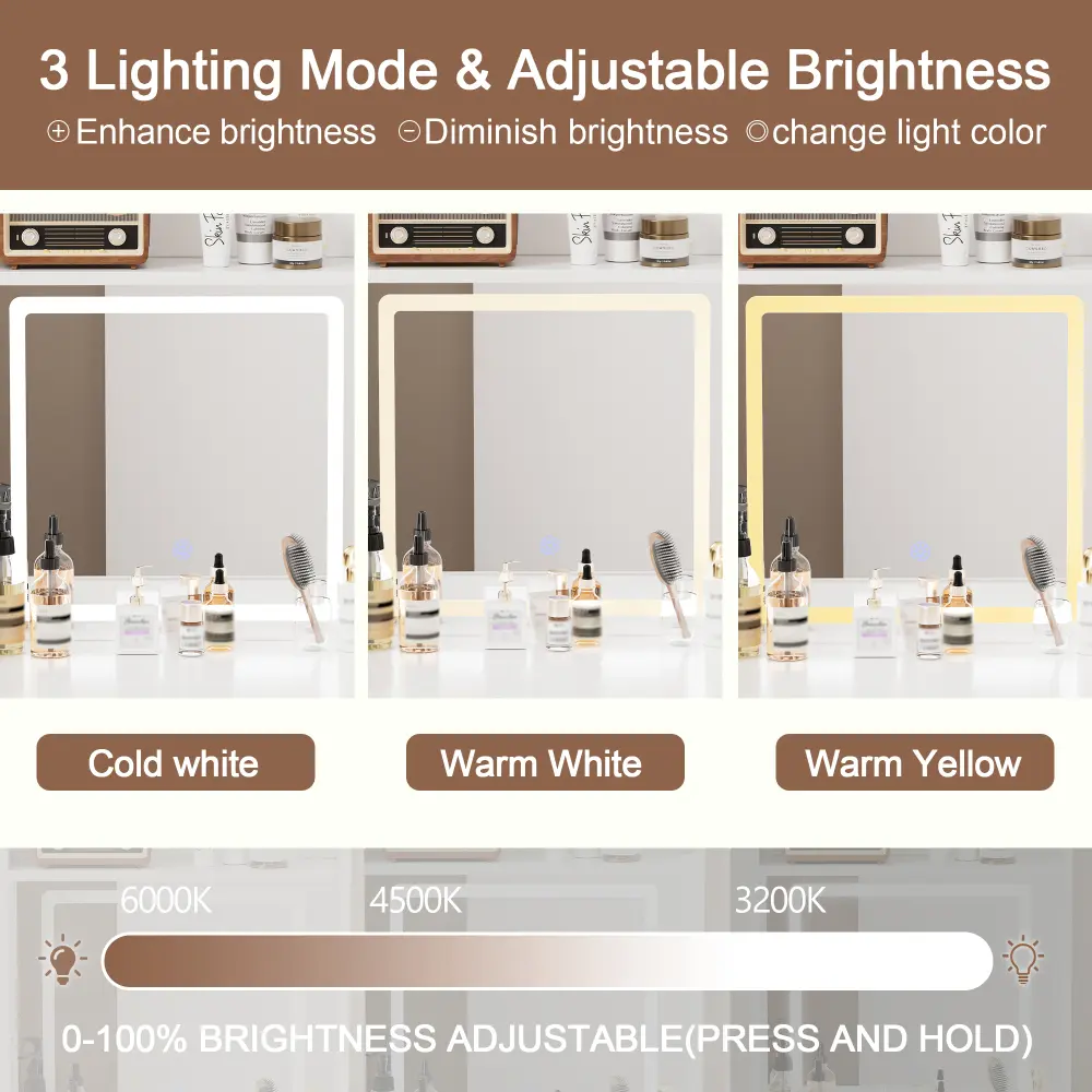 Dressing Table Set with 3 Adjustable Lighted Mirrors and Storage Chair, Dressing Table with Folding Panels Dressers