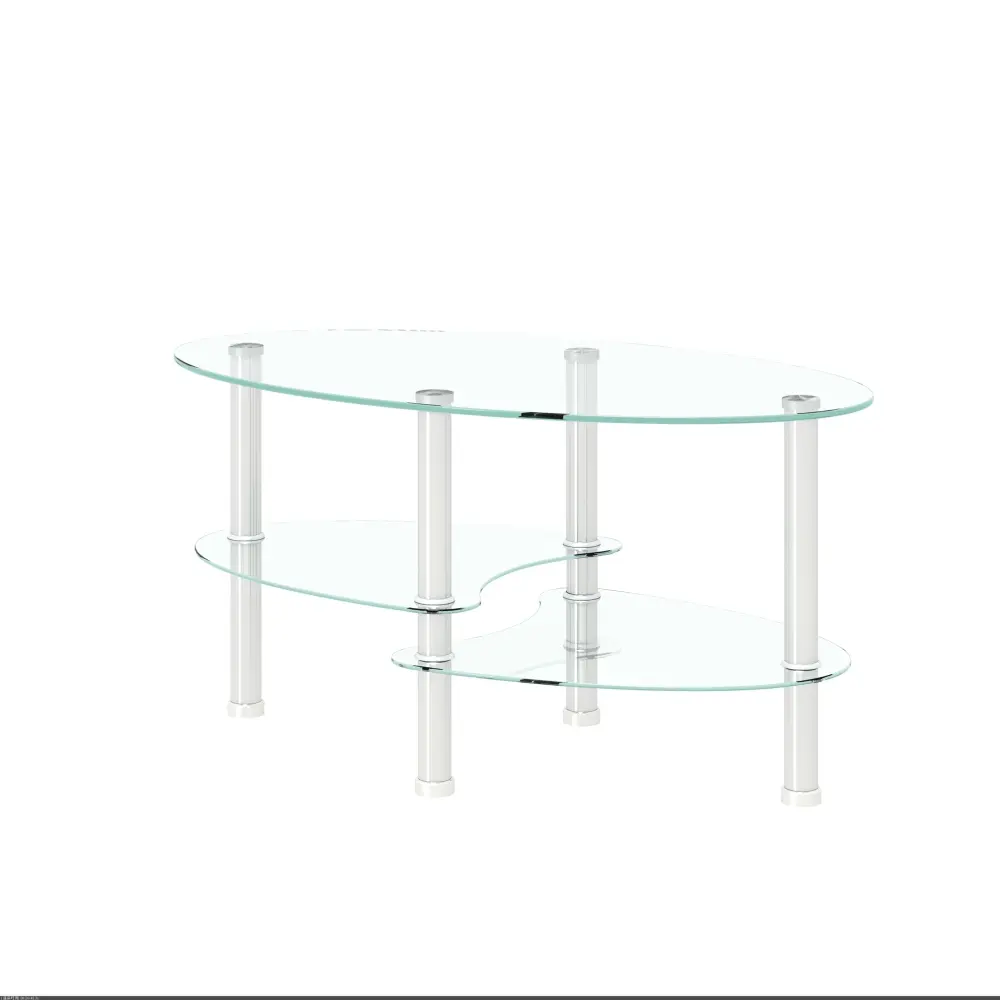 Clear Oval Glass Coffee Table, Modern Table with Stainless Steel Legs, End Table, Triple Tier Glass Table for Living Room