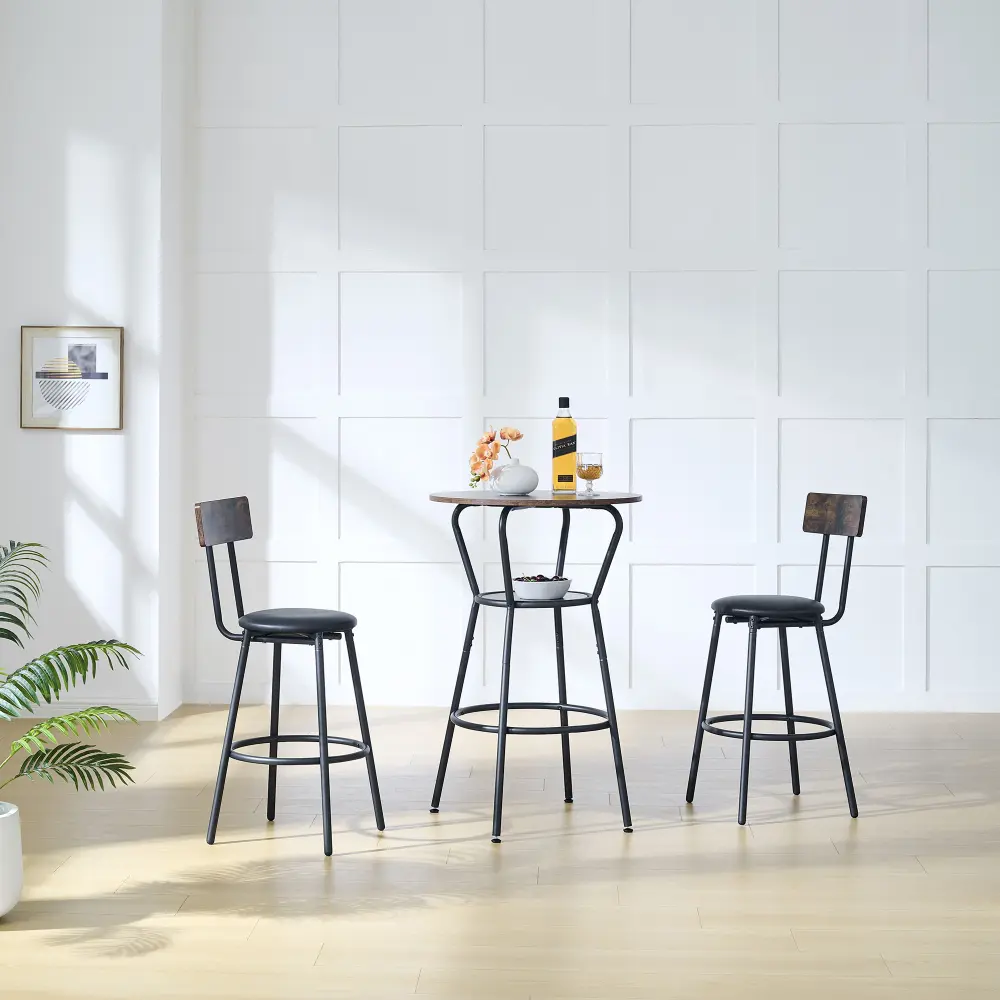 Round Bar Table and Stool Set with Shelf, Upholstered Stools with Backrests, 24.17"W X 24.17"D X 36.02"H Coffe Table